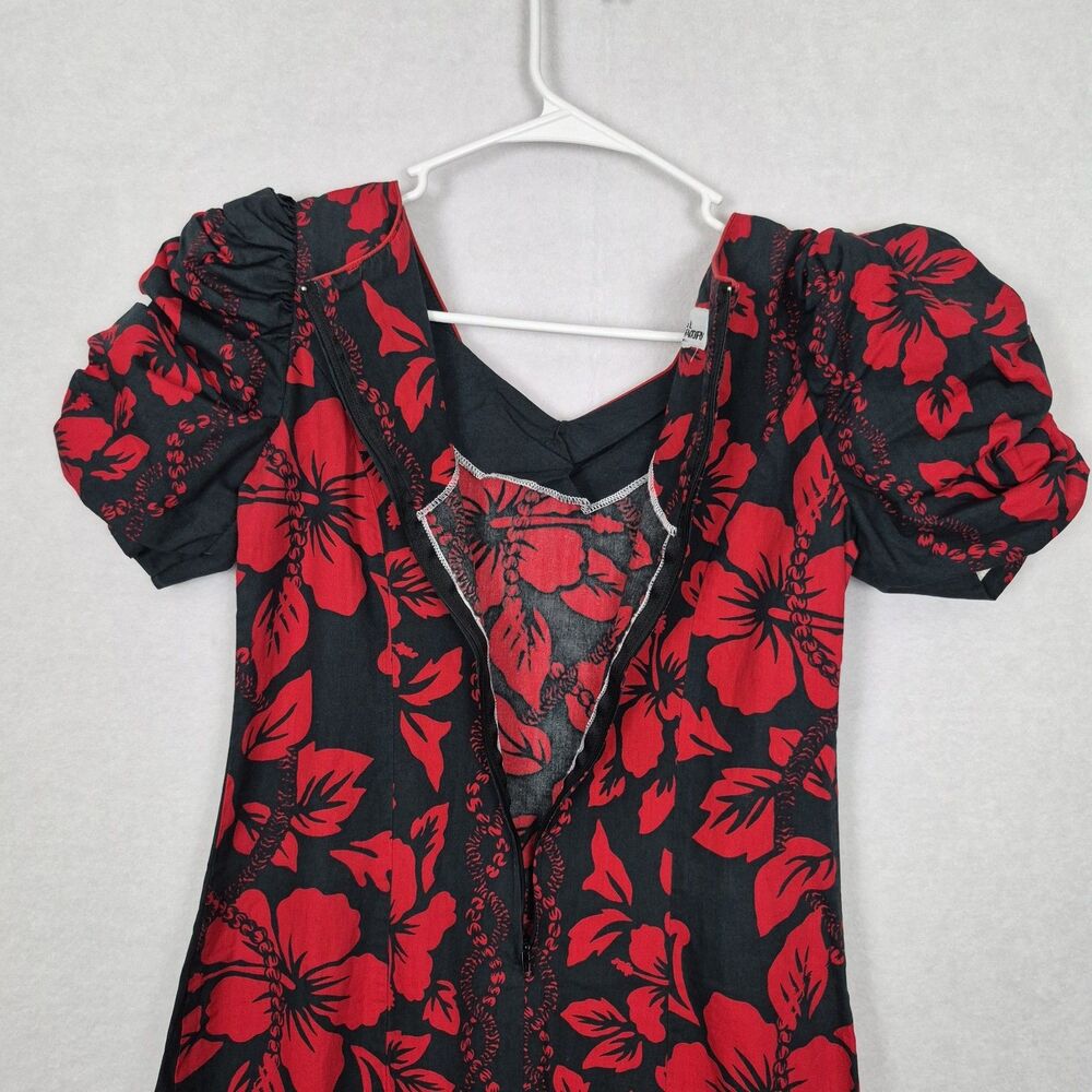Muumuu Factory Hawaii Tropical Red Black Size 7/8 Dress Luau Ruffle Island Midi - Picture 11 of 12
